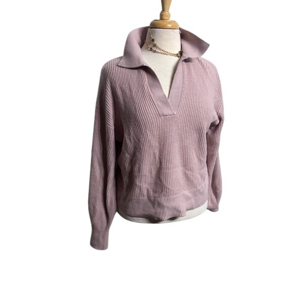 Reitmans Pink Cashmere Blend Ribbed V-Neck Collared Johnny Polo Sweater Size S - Picture 1 of 6